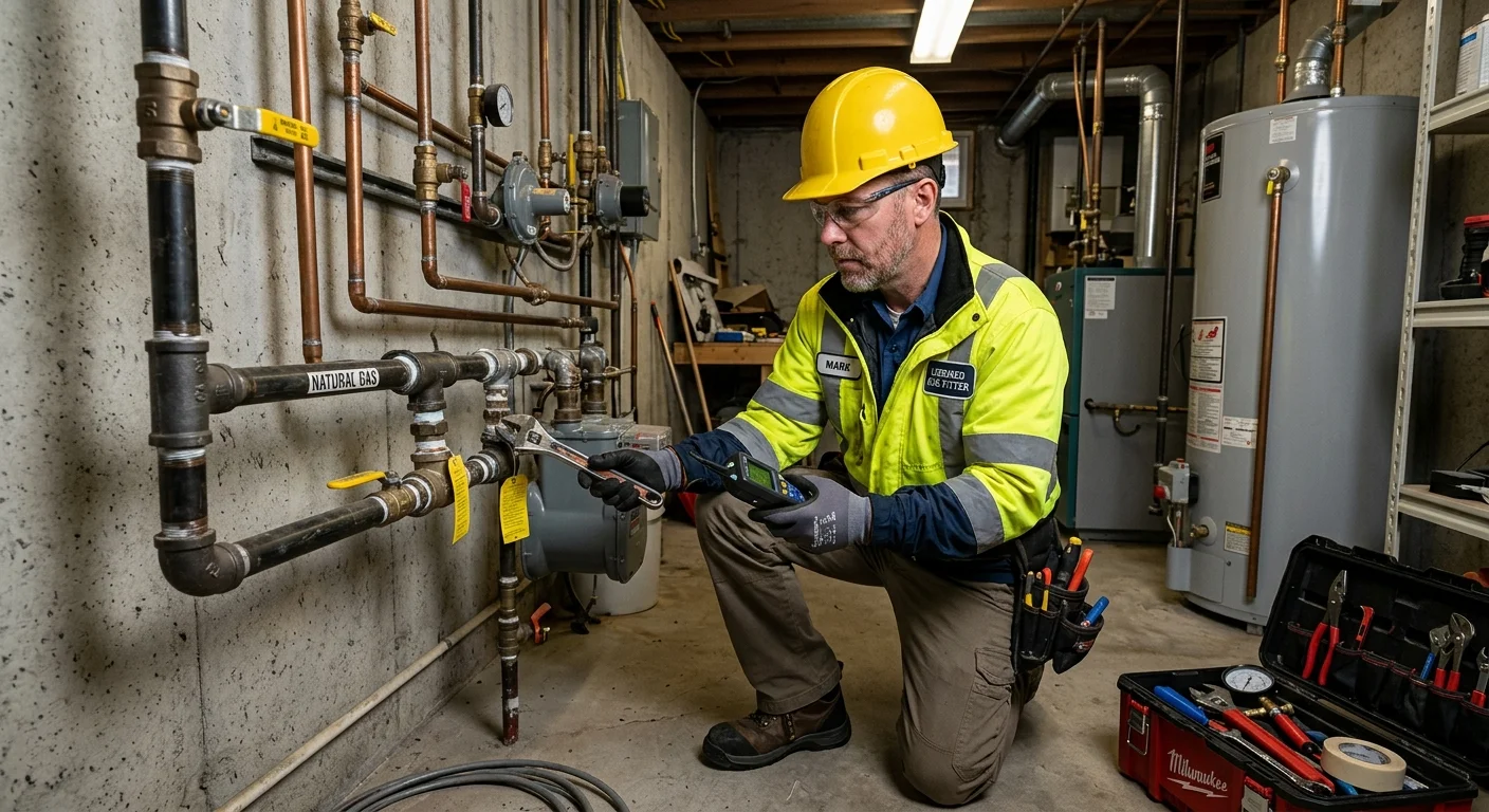 Licensed gas fitter performing gas line repair in Maryland