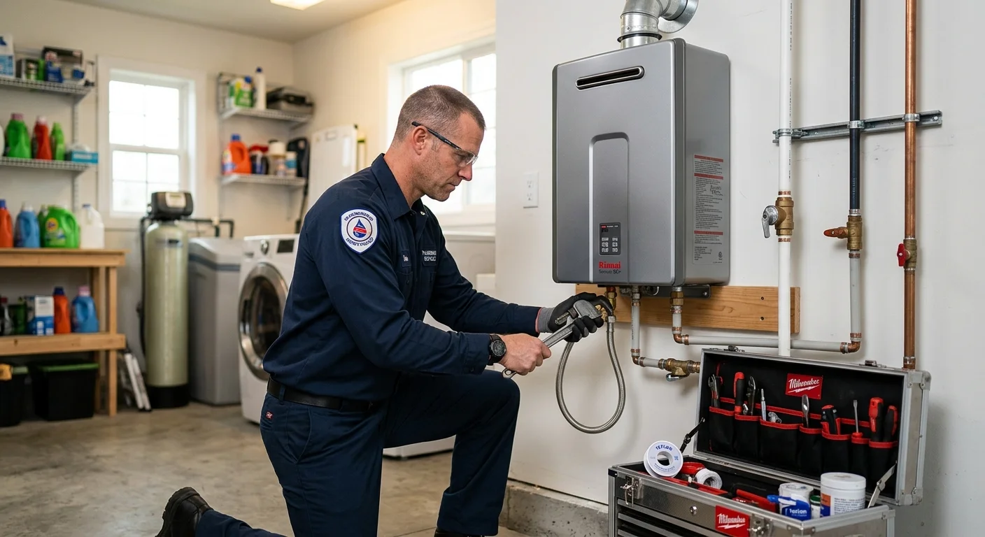 Plumber installing a tankless water heater in a Maryland home