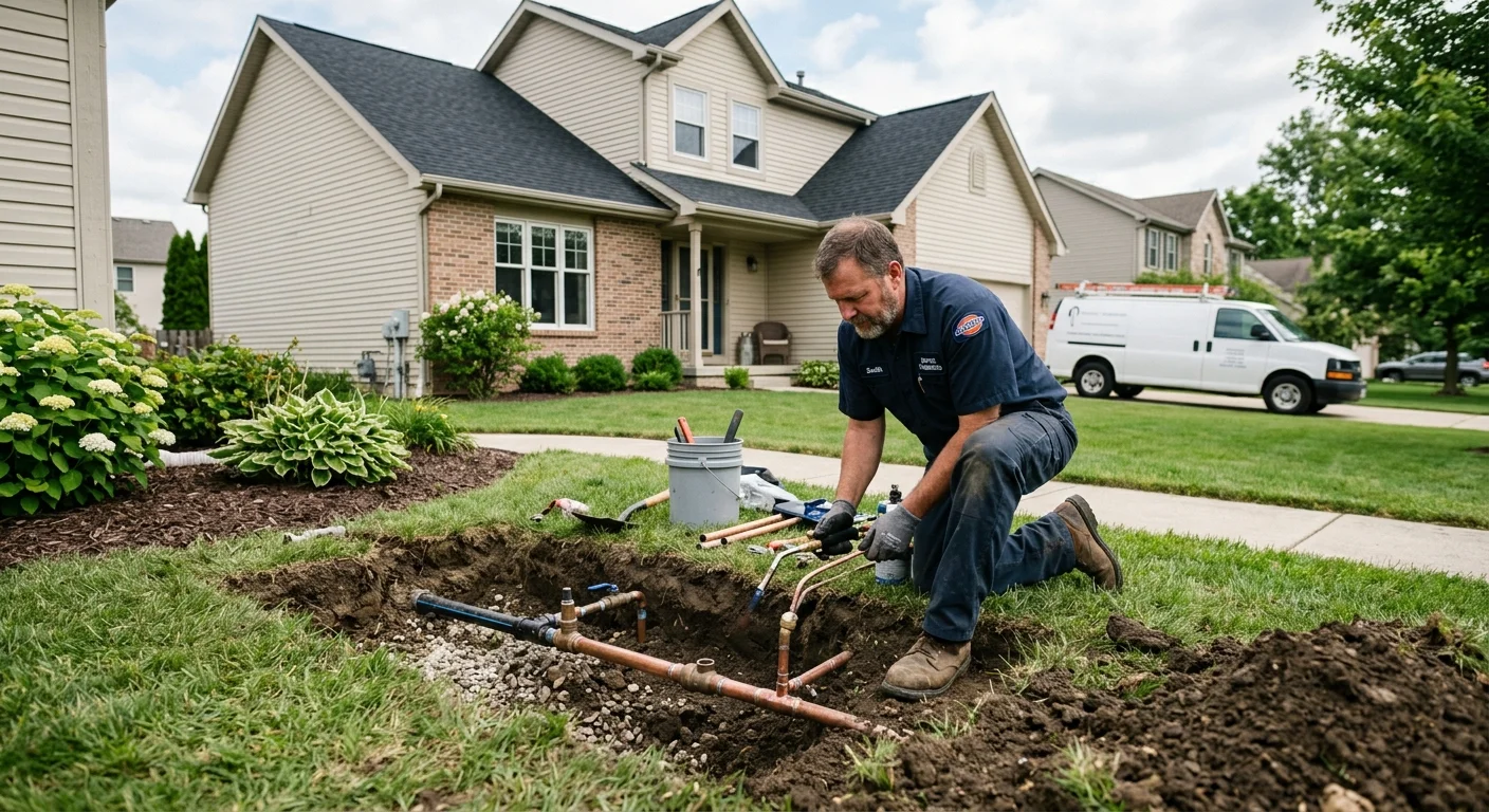 Plumber repairing main water service line in Maryland